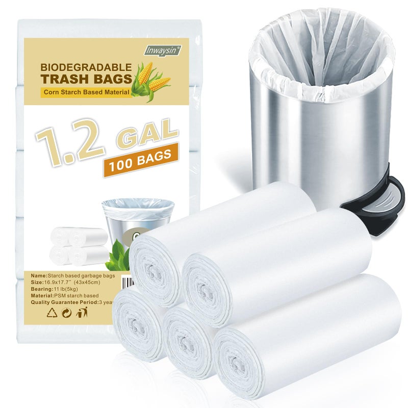 Inwaysin 1.2-Gallon Small Trash-Bags Biodegradable Garbage-Bag - Mini Clear White Unscented Bulk 100 Counts Compostable Recycling Liners for Kitchen Bathroom Car Can Wastebasket Inwaysin - Image 1
